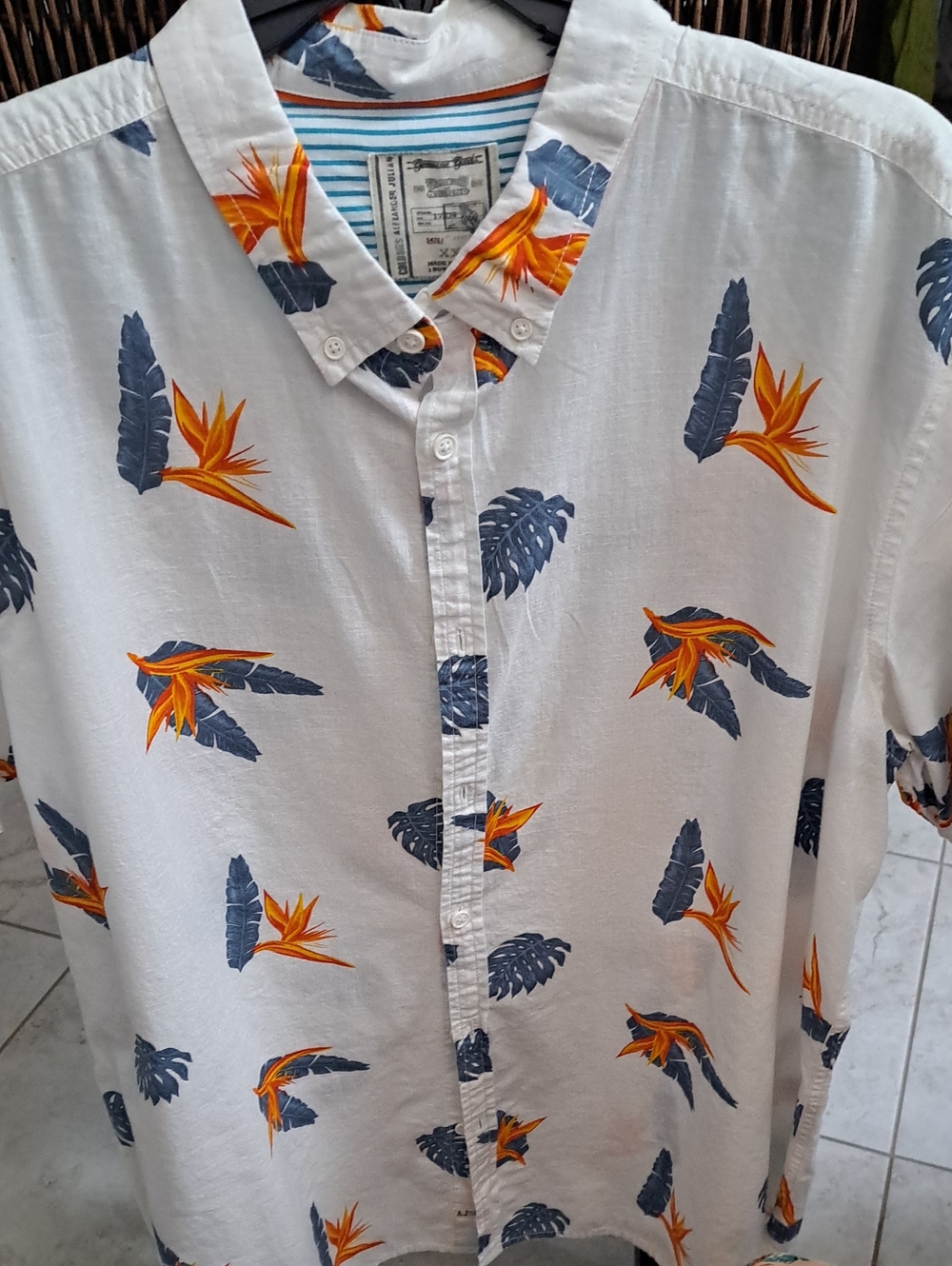 Genuine Merchandise White Button-Down Shirt with Orange & Blue Tropical Print